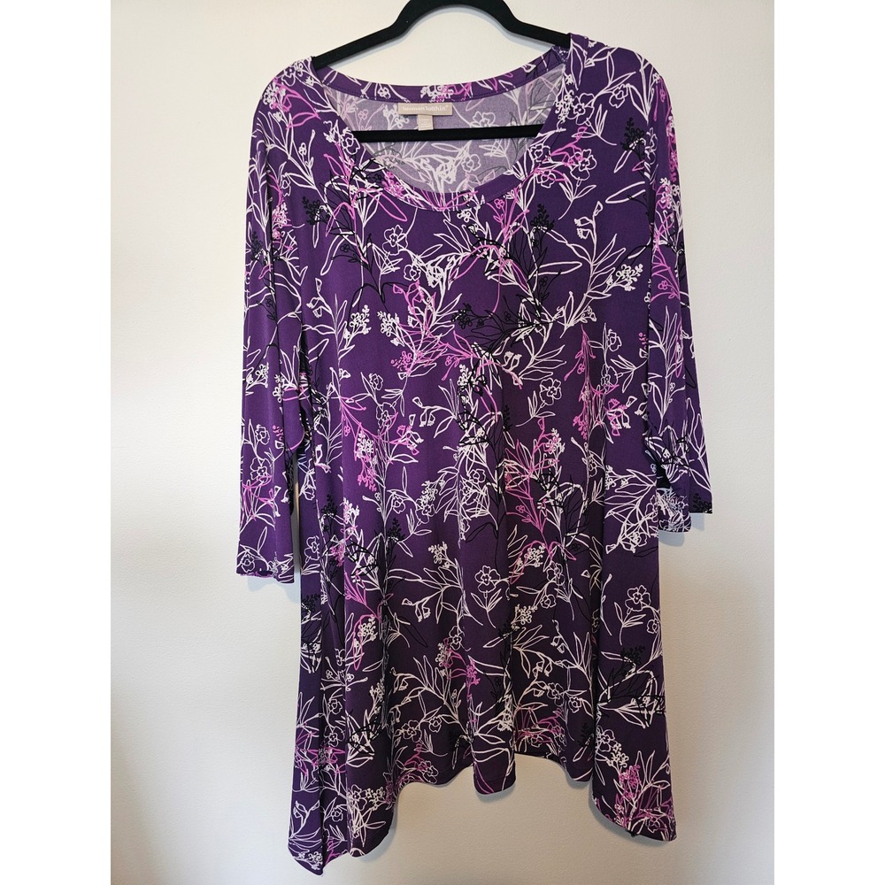 Floral Woman Within Tunic Top Womens 1X 22/24 Purple Sharkbite Hem 3/4 Sleeve